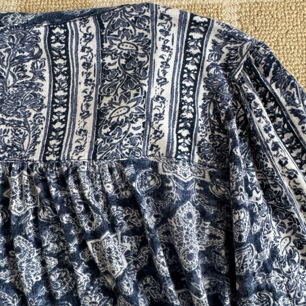 Lucky Brand Boho Floral Peasant Blouse Summer Top Festival Casual Beach Blue M - Picture 7 of 8